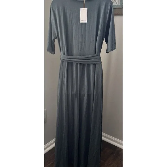 Quince Tencel Jersey Midi Wrap Dress Dark Olive Basic Sleeved XL Stretch NWT - Picture 4 of 8